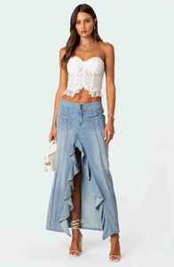 New Style High Quality Women's Denim Skirt Breathable High-Waist Ruffled Slit Dramatic Front Bold Streetwear Spring Summer - Product Image 2