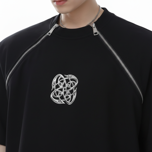 เสื้อยืดโอเวอร์ไซส์ผู้ชาย ผ้าฝ้าย ดีไซน์ซิปคู่ ป้ายโครเมียมแบบกำหนดเอง สไตล์สตรีทแวร์ฤดูร้อน ทรงหลวม ผ้าฝ้าย 100% - Product Image 2