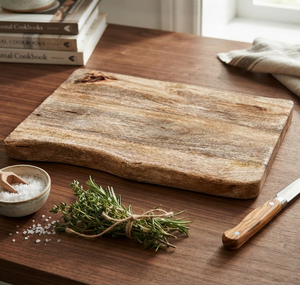 Planche à découper en bois rustique rectangulaire avec bord naturel et poignée antidérapante, couteau en bois inclus - Product Image 3