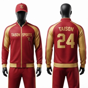 Unisex Baseball Training <b>Suit</b> 300g Polyester Mesh <b>Red</b> Gold Contrast Panels Custom Embroidery Heat Transfer Waterproof Fleece - Product Image 1