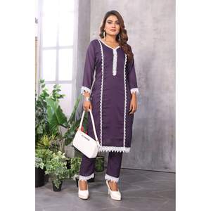 FANCY STAR GEORGETTE COTON DENTELLE BORDER TRAVAIL TOP PANTALON ENSEMBLE VIOLET - Product Image 1