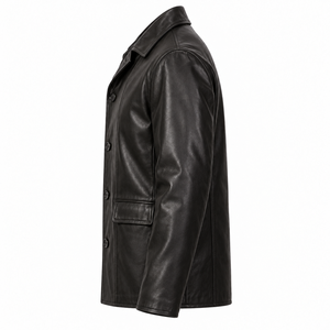 <b>Men's</b> Genuine Leather Jacket Turn Down Collar Single Breasted <b>Coat</b> Solid <b>Black</b> Casual <b>Long</b> Sleeve Outerwear - Product Image 5