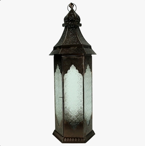 Lanterne à bougie hexagonale de style marocain en métal, finition bronze antique, panneaux en verre gaufré, support suspendu fait main avec impression UV - Product Image 3