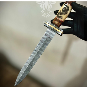 Cuchillo de hoja fija de acero de Damasco hecho a mano con mango decorativo de hueso, grabado de dragón y diseño de espiga completa, premium para coleccionistas. - Product Image 5