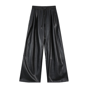 Pantalon croisé streetwear en cuir noir à boutons, taille mi-haute, pour femme, hiver, respirant, ample et fluide, longueur au sol - Product Image 1