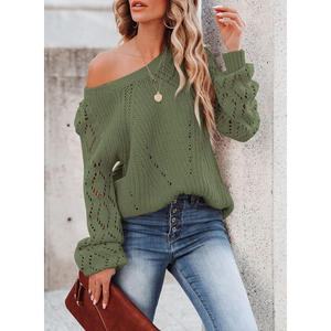 Pull décontracté pour femme en maille ajourée vert olive, anti-boulochage, color-block, épais, col rond, manches classiques, idéal pour l'automne - Product Image 4