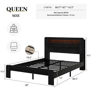 Lit plateforme en bois taille Queen avec tête de lit à éclairage LED et rangement, 2 ports USB, sans bruit, aucun sommier requis, lits en bois - Product Image 6