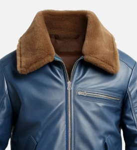 Chaqueta de cuero azul para hombre con cuello de piel, diseño moderno, recién llegada, cuero vacuno de primera calidad. - Product Image 3