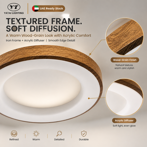 Plafonnier LED rond moderne avec cadre en fer imitation bois, diffuseur en acrylique, trois températures de couleur, 46 cm - Product Image 4