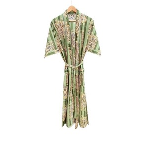 Tiger Print Cotton Kimono Robe – Sage Green Striped Long <b>Kaftan</b> with Waist Tie - Product Image 1