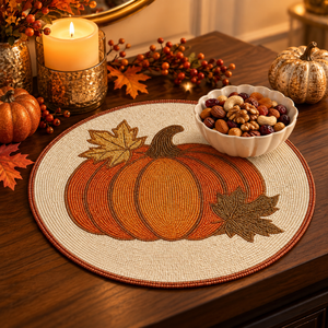 Pumpkin Beaded Placemat Round <b>Glass</b> Beaded <b>Table</b> <b>Mat</b> Fall Dining Decor Handcrafted Seasonal Centerpiece | Harvest Pumpkin Design - Product Image 3