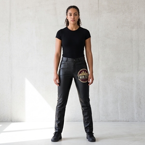 Twin City PU Leather Pants High Waist Skinny Fit Straight Leg Full Length With <b>Patch</b> Logo Casual Women's <b>Trousers</b> Autumn Style - Product Image 4