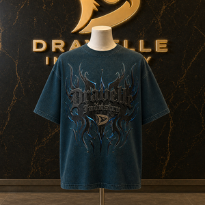 Men’s Oversized Y2K Graphic Tee, Deep Teal Heavyweight Cotton Gothic <b>Flame</b> Streetwear T-<b>Shirt</b> Puff Print with Foil Detail - Product Image 1