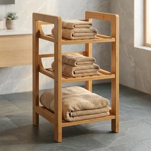 Étagère de rangement à 3 niveaux en bois de manguier, design minimaliste, organisateur gain de place pour salle de bain, cuisine, salon, porte-serviettes en bois - Product Image 1