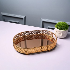Glossy Touch Art <b>Oval</b> Metal Serving Tray with <b>Mirror</b> Base <b>Gold</b> Finish Glam Design Home Decor - Product Image 1
