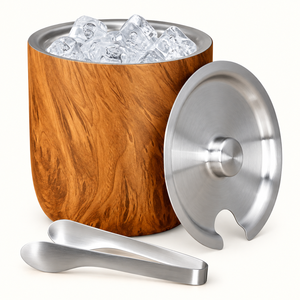 Seau à glace en acier inoxydable à double paroi avec pinces et finition imitation bois, refroidisseur à vin, fournitures pour hôtels et bars. - Product Image 1