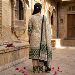 Traje Punjabi Floral Verde Crema Premium |   Conjunto de Pijama Kurti de Algodón Hecho a Mano con Borde |   Vestido Sarong Indio Profesional - Product Image 4