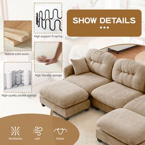 Divano Modulare a U in Tessuto Chenille Premium con Pouf, 2 Cuscini Decorativi, Schiuma ad Alta Densità Trapuntata e Plissettata per Soggiorno - Product Image 6