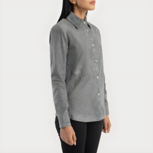 Chaqueta de Mujer de Cuero Genuino Gris de Alta Calidad, Estilo Biker, Venta al Por Mayor, Logotipo Personalizado OEM, Cierre de Botones, Abrigo Moderno 2026 - Product Image 4