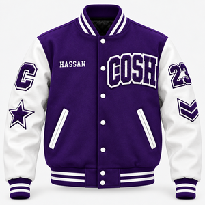 Veste de baseball personnalisée en laine violette avec manches en cuir blanc, veste de baseball brodée - Product Image 1