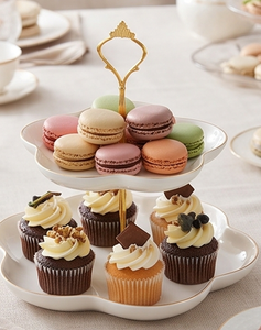 Premium Flower Shape Ceramic <b>Cake</b> Stand 2 Tier White With Gold Trim Handmade For Wedding Restaurant Home Events And <b>Gifts</b> - Product Image 3