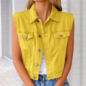 Gilet en jean jaune pour femme grande taille, veste courte en jean sans manches boutonnée avec col et poches poitrine - Product Image 4