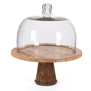 Support à gâteau rond en bois d'acacia avec dôme en verre |   Plateau de service en bois avec poignées, cloche à fromage et pâtisserie 1 - Product Image 4