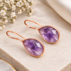 Amethyst Teardrop Gemstone Earrings | Handmade Gold Plated Dangle Earrings | Bezel <b>Set</b> <b>Gift</b> For <b>Women</b> - Product Image 3