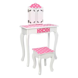 Pink/White YJ Kids' Furniture Set Wooden <b>Vanity</b> with Tri-Fold <b>Mirror</b> Chair <b>Table</b> Stool <b>Vanity</b> Set for Kids - Product Image 4
