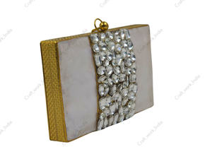Indian handcrafted mother of pearl <b>clutch</b> with crystal stone <b>embellishment</b> brass frame luxury evening statement bag design style - Product Image 2