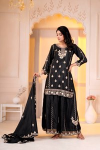Conjunto de Salwar Kameez Reversible Negro Bordado y Elástico, Kurti de Terciopelo, Palazzo y Dupatta, Traje Tradicional Indio-Pakistaní para - Product Image 5