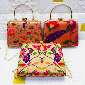 Luxury Floral Printed Silk <b>Clutch</b> Bag with Metal Handle & Chain | Designer Ethnic Evening Handbag for Women | <b>Wedding</b> & Party - Product Image 1