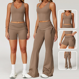 Ensemble de yoga jaune 2 pièces pour femme : haut court taille haute avec short froncé et pantalon, tenue de sport sans couture à col en V et sans manches - Product Image 6