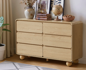 Nouvelle arrivée : Commode minimaliste en bois clair à 6 tiroirs, OEM, meuble de rangement moderne incurvé pour chambre, hôtel, maison et bureau. - Product Image 1