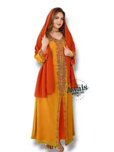 Ensemble 2 pièces de luxe AWAIS HOUSE pour femmes musulmanes, robe longue en velours uni perlé, coupe trapèze, pour soirée/formelle - Product Image 3