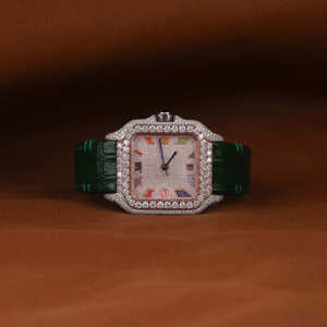 Reloj de Lujo Clásico Cuadrado de Acero Inoxidable con Esfera de Números Árabes, Diamantes Tallados en Moissanita, Correa de Cuero Verde Semibrillante Multicolor - Product Image 5