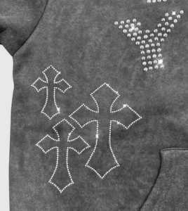 Sweat-shirt à capuche oversize personnalisé pour homme, imprimé lettres et croix en strass, de haute qualité, délavé, à épaules tombantes, pour le streetwear - Product Image 6