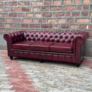 Vintage Chesterfield Three Seater Genuine Leather <b>Sofa</b> <b>Wood</b> <b>Frame</b> Eco-Friendly L-Shape Deep Button Tufted Burgundy Rolled Arm - Product Image 4