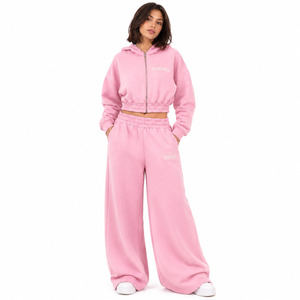Ensemble Athleisure de Luxe Élégant et Oversize : Veste Zippée Courte et Pantalon de Survêtement Ample en Coton Premium Personnalisé – Tenue Décontractée et Sportive - Product Image 1
