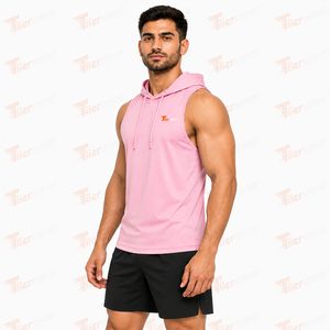 Men's <b>Pink</b> Sleeveless Hooded Tank <b>Top</b> Breathable Polyester Casual Sport <b>Vest</b> Front Logo Print Hooded Tank <b>Top</b> for sale - Product Image 2
