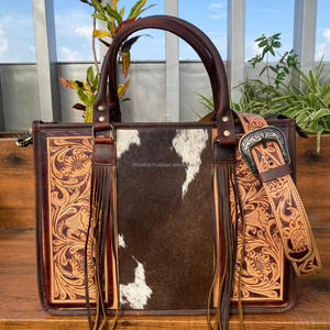 กระเป๋าโท้ทหนังถือแบบตะวันตกสำหรับผู้หญิงกระเป๋าคาดลำตัวสะพายไหล่หนังวัวสำหรับผมกระเป๋าถือหนังแท้ลายดอกไม้ตามสั่ง - Product Image 3