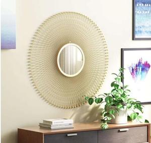 Contemporary Round Brass Wall <b>Mirror</b> With Geometric Sunburst Design Handmade Decorative Accent For Living Room Bedroom - Product Image 2