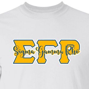 T-shirt graphique Sigma Gamma Rho blanc à manches courtes, impression sérigraphiée, vêtement de sororité personnalisé, haut décontracté à lettres grecques - Product Image 6