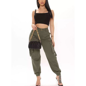 Pantalon cargo d'hiver en molleton brodé vert olive pour femme, taille haute, cordon élastique, coupe régulière, longueur intégrale, couleur unie - Product Image 1