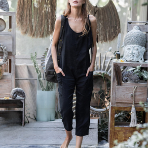 Combinaison en lin noir pour femmes, sans manches, ajustée, sexy, confortable, avec poches, tenue d'été, cadeau pour femmes - Product Image 3