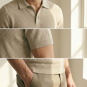 Premium 100% Cotton <b>Waffle</b> Knit Print for <b>Shirt</b> Men Short Sleeve Beige Relaxed Fit Streetwear Casual Vintage Knitted OEM - Product Image 4