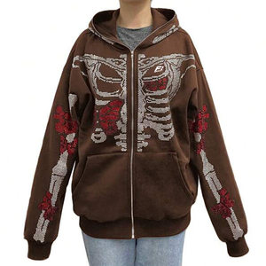 Sudadera con capucha para hombre de algodón polar marrón con cremallera completa, pedrería, estilo urbano, logotipo personalizado, estilo vintage, con cremallera completa, EE. UU. - Product Image 1