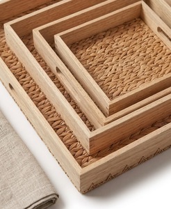 Plateau de service en jacinthe d'eau tressée, plateau de table décoratif en bois, pliable, à un seul niveau, carré, pour cuisine, salle de bain, maison - Product Image 1