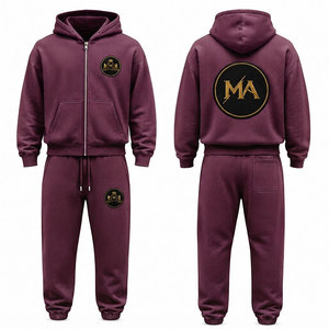Ensemble de survêtement à capuche marron 100% coton avec fermeture éclair intégrale, poche avant et patch brodé appliqué 480 g/m² - Product Image 1