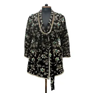 Vintage <b>Black</b> Velvet Embroidered Wrap Coat Floral <b>Shawl</b> Collar Three Quarter Sleeve Knee-Length Adult Winter Wear - Product Image 3